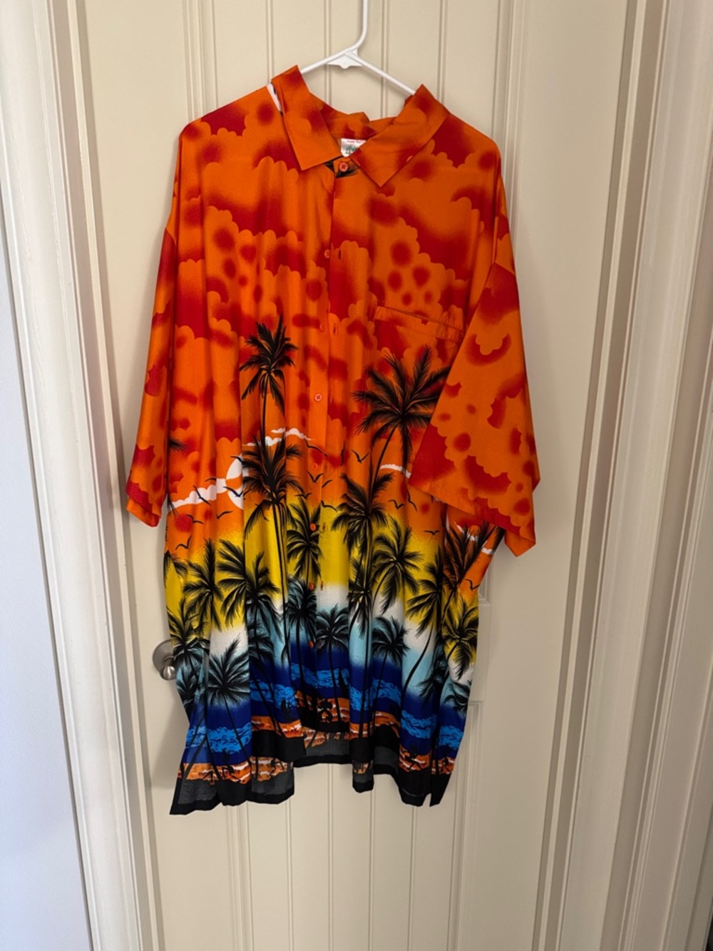 Casual Palm-Print Button-Down Shirt in Orange Sunset